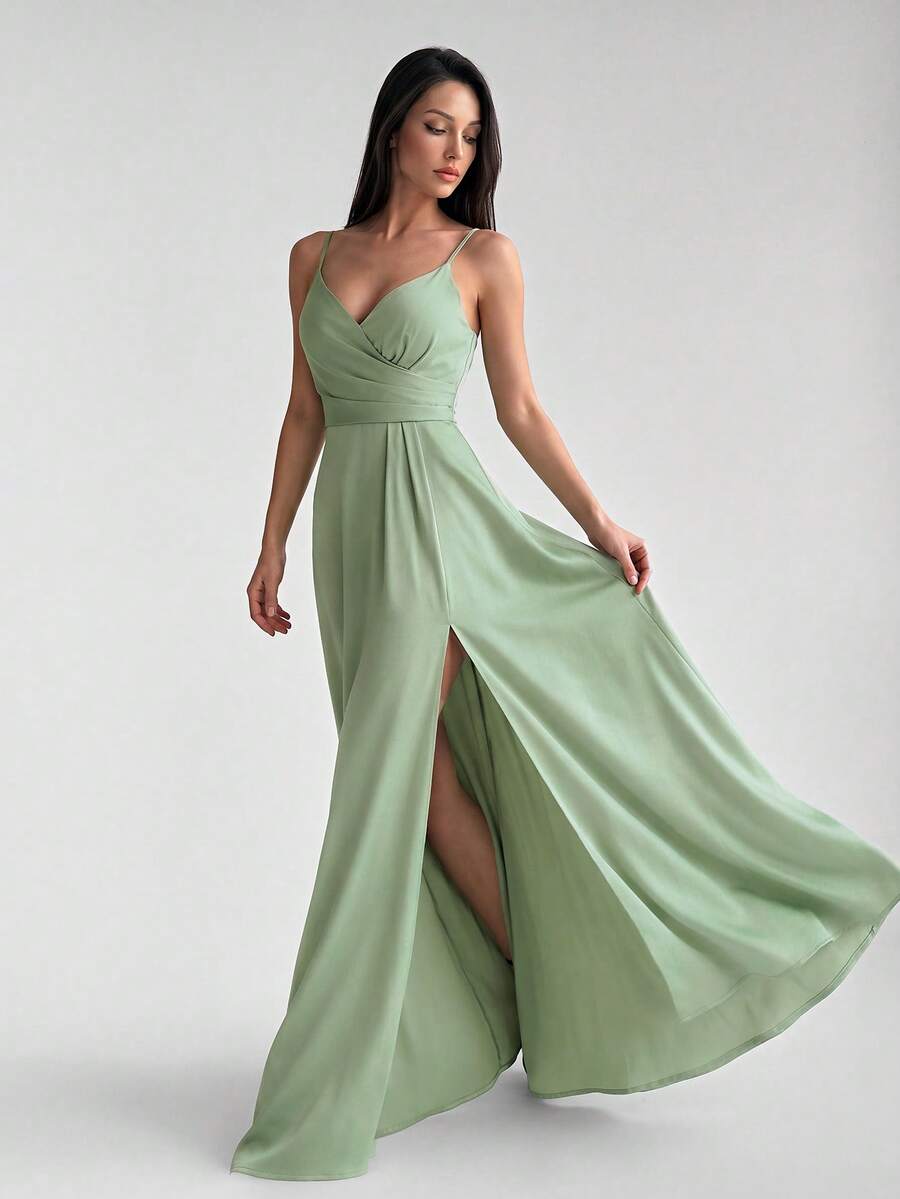 Firerie Women's Pleated Deep V-Neck Slit Front Bridesmaid Dress With Spaghetti Straps (Adult) Elegant Dress Wedding - Mint Green - View 1