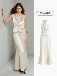 MOTF PREMIUM SATIN HALTER NECK 2 IN 1 MERMAID STYLE LONG DRESS FOR WOMEN WEDDING PARTY MOTHER OF THE BRIDE CHAMPAGNE SUMMER SEXY DISCO - Apricot - View 8