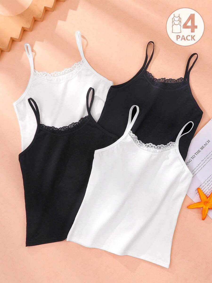 Tween Girl 4pcs/Set Solid Color Performance Vest & Shorts Set, Soft Cotton, Versatile For Casual Wear & Sports,Summer Travel
