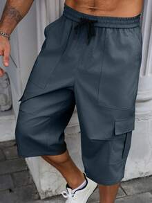 Manfinity Homme Plus Size Men's Drawstring Waist Solid Color Casual Versatile Daily Wear Cargo 3/4 Pants - Royal Blue - View 5