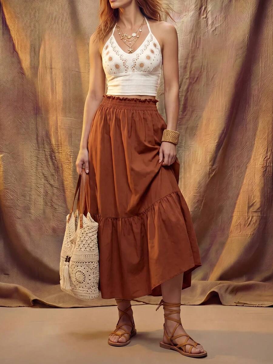 Fembélia Set Atasan Halter Motif Matahari untuk Liburan Wanita dan Rok Berumbai - MultiWarna - View 1