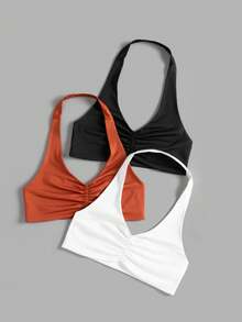 SHEIN Velisys Women's Plus Size Solid Color Ruched Halter Neck Sports Tank Top For Daily Fitness Gym Black Burnt Orange White Summer Gym Sports Gym - Multicolor - View 6