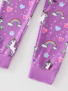 Conjunto de pijama de 2 piezas para niñas pequeñas, cómodo y suave, de tela de rayón de alta elasticidad, con estampado integral de arcoíris y unicornio, leggings de manga larga y cuello redondo - Púrpura malva - Ver 6