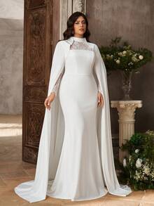 Aureia Plus Size Elegant White 2 In 1 Cape Lace Patchwork Elastic Fabric Round Neck Long Sleeve Mermaid Tail Train Dress Dinner Formal Wedding Autumn - White - View 6