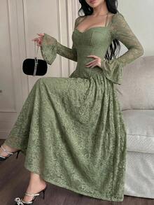 Feyla Vestido elegante de encaje de longitud media con cuello de corazón y mangas acampanadas para mujer - Verde - Ver 3