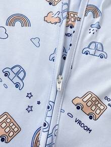 SHEIN Vintaside Kids 2件組新生兒居家服套裝，四季適用，灰色花卉羅紋棉布，可愛淺藍色汽車印花連身包屁衣 - 藍色 - 查看 6