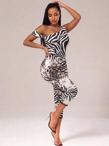 Radiana Women's White And Black Animal Print Summer Chic Sexy Club Night Out Off Shoulder Leopard Zebra Jumpsuit, Capris, Street Style, Coachella - Multicolor - View 2