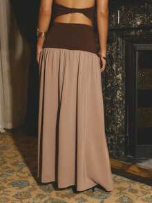 Aralina Women's Low Waist Fitted Jersey Colorblock Flowy Long Skirt Homecoming Style Casual Elegant Fall Autumn Winter Maxi Shades Of Brown Party Night - Camel - View 2