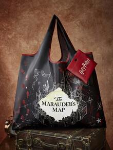 HARRY POTTER X SHEIN 魔法城堡 Marauder Map 印花可折疊聚酯纖維購物袋，可重複使用購物托特包附收納袋 - 黑和紅 - 查看 2