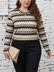 SHEIN LUNE Plus Size Casual Striped Long Sleeve T-Shirt, Summer Bussines Workwear Olive Green Fall - Multicolor - View 3