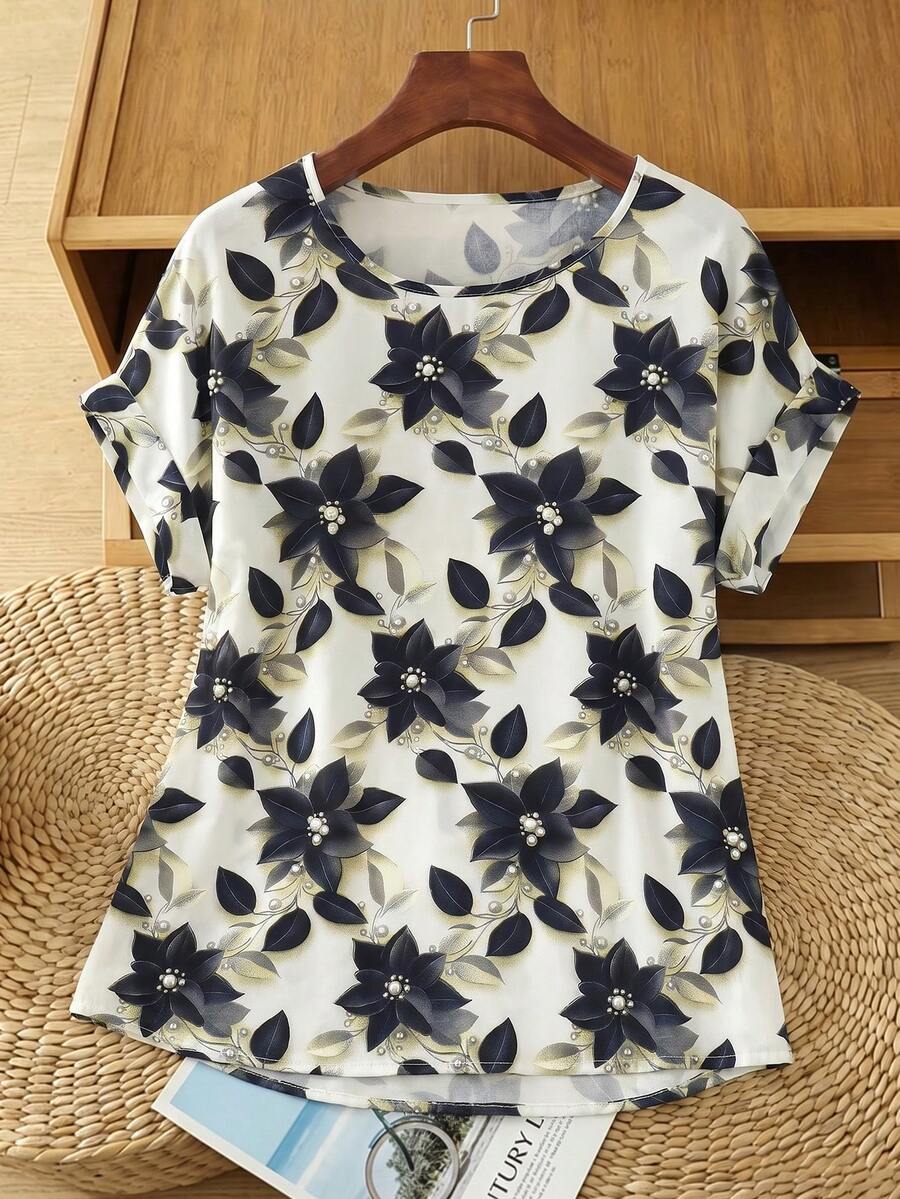 SHEIN Franclia 夏季法式休閒黑色花卉印花短袖襯衫 - 彩色 - 查看 1