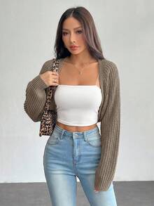 SHEIN PETITE 女款休閒百搭純色短版開襟羊毛衫 - 駝色 - 查看 5
