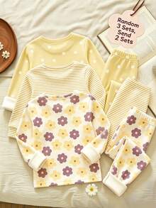 Random 3 Sets Send 2 Sets Cute Sweet Cartoon Floral Print, Mori Style, Baby Girl Casual Minimalist Slim Fit Round Neck Long Sleeve Long Pants Home Wear Set 4pcs, Suitable For Autumn/Winter, Tight Fit - Multicolor - View 2