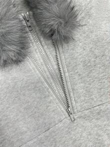 Lalippa Sweatshirt Lengan Panjang Wanita dengan Kerah Bulu dan Motif Patchwork, Kasual, Serbaguna untuk Pemakaian Sehari-hari - Grey - View 4