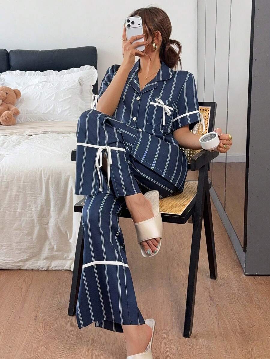 Napfluff 女款條紋印花休閒家居服套裝，對比色翻領短袖上衣搭配長褲，適合居家與戶外穿著 - 彩色 - 查看 1