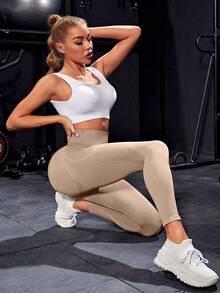 Slayform Damen-Leggings mit hoher Taille, einfarbig, nahtlos, für tägliche Fitness, zum chinesischen Neujahrsfest - Khaki - Übersicht 5
