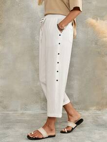 EMERY ROSE Women's Solid Color Waist Tie Pocket Button Design Casual Boho Cropped Pants Going Out Holiday Vacation Outfits White Summer - White - View 8