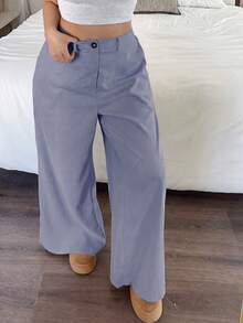 SHEIN PETITE CURVE 大尺碼女款純色鈕扣休閒百搭寬腿褲，適合日常穿著 - 淡紫色 - 查看 6