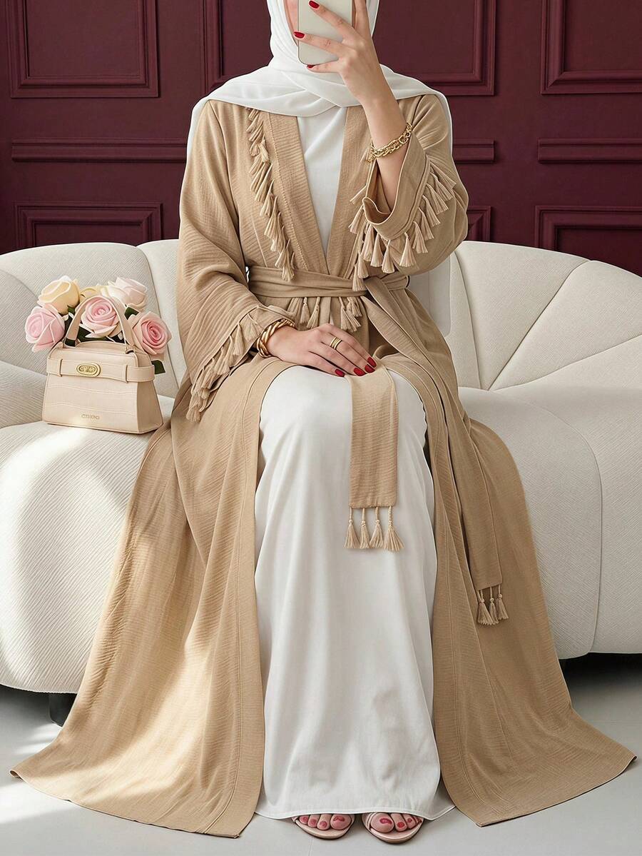 Al Najma 女款優雅休閒流蘇裝飾純色兩件套 - 杏色 - 查看 1