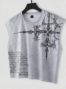 ROMWE MEN Anime Men's Cross Print Tank Top - Casual Streetwear Style, Summer Fashion Streetwear - Grey - View 3