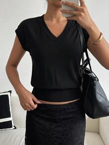 SHEIN PETITE Women's Solid Color V-Neck Short Sleeve Casual Versatile T-Shirt,Petite Women City Break Black Summer - Black - View 3