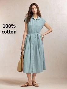 BizChic Waist-Cinching Front-Button Minimalist Casual Dress For Back To School, Party, Birthday, Wedding Guest, Autumn, Sage Green, Halloween, Back To School Season, Church, Special Occasions, Date, Vacation, French Elegant Vintage Vacation Style - White - View 3