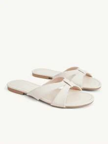CUCCOO CHICEST 黑色交叉綁帶女款簡約韓版平底拖鞋 夏季穿著 防滑軟底涼鞋 - 米白色 - 查看 2