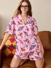 HARRY POTTER X SHEIN Women's Frog Pattern Short Sleeve Single-Breasted Top And Shorts Pajama Set - Pink - View 1