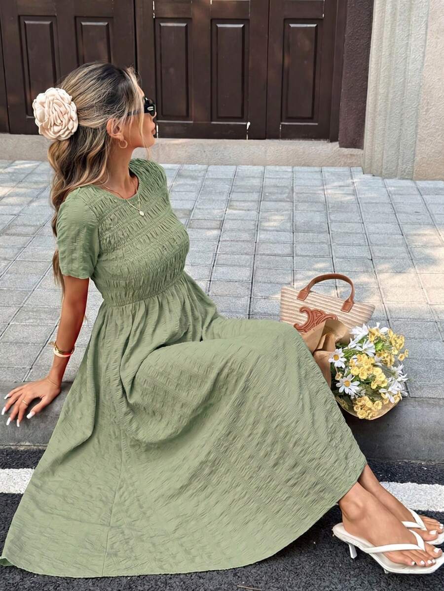 Pariaura Women's Solid Color Round Neck Pleated Casual Party Summer Dress - Green - View 1