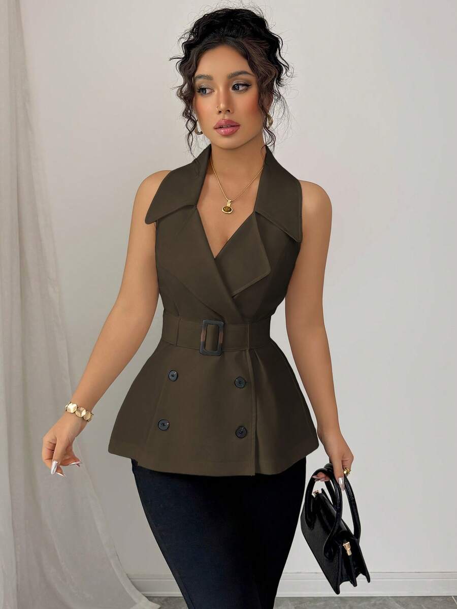 Selianne Women's Spring/Summer French Style Elegant Business Casual Sexy Commute Teachers' Day Lapel Collar Button Waist Belt Blouse Office Work Olive Green - Brown - View 1