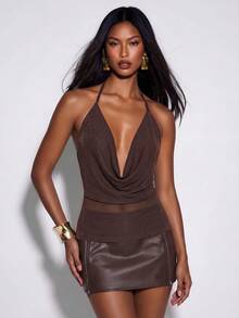Normani Kaos Wanita Polos dengan Kerah Berlipat, Modis, Serbaguna untuk Pemakaian Sehari-hari - Coklat - View 4