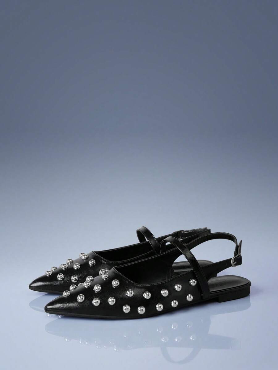CUCCOO GRLICON Black Rivet Pointed Double Strap Flats, Retro Style Buckle Low Heel Low Vamp Rear Strap Women's Shoes - Black - View 1