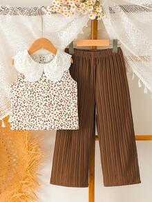 SHEIN Vintaside Kids 女童甜美可愛刺繡大領無袖花卉背心搭配純色長褲套裝，紋理直條紋布料，適合派對、家庭活動、日常度假穿搭、開學季 - 棕色 - 查看 5