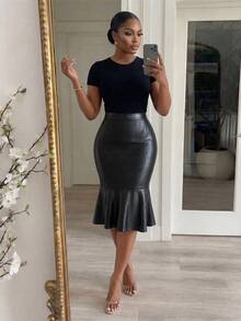 SHEIN Lady CURVE 大尺碼時尚通勤魚尾裙 秋季 - 黑色 - 查看 3