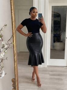 SHEIN Lady CURVE 大尺碼時尚通勤魚尾裙 秋季 - 黑色 - 查看 4