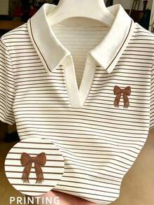 Resyla Women's Plus Size Striped Bow Embroidery Pattern Casual Versatile Daily Wear T-Shirt - Multicolor - View 1