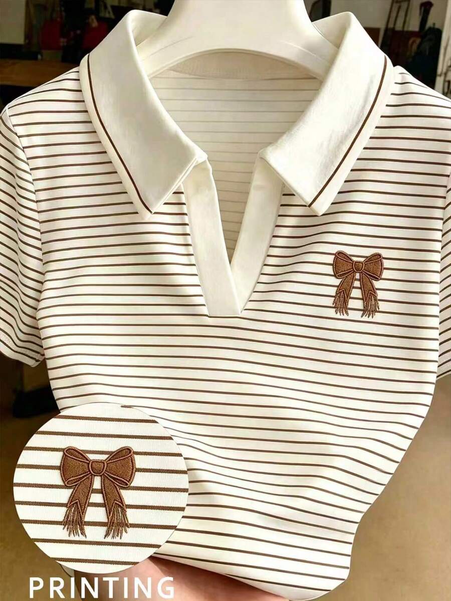 Resyla Women's Plus Size Striped Bow Embroidery Pattern Casual Versatile Daily Wear T-Shirt - Multicolor - View 1