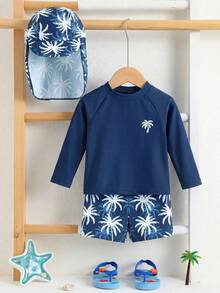 SHEIN Bubblio Unisex Baby 3pcs/Set Blue Cute Coconut Tree Pattern Long Sleeve Rash Guard Swimsuit And Sun Protection Hat Set, Swimwear For Beach, Swimming, Vacation - Navy Blue - View 4