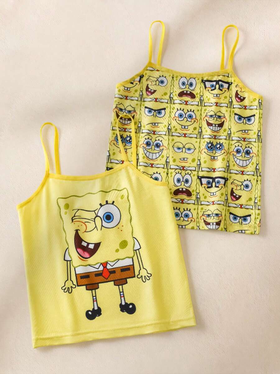 SpongeBob SquarePants | SHEIN Young Girl Cartoon Print Casual Daily Camisole Tank Top - Yellow - View 1