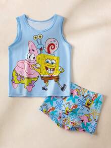 SpongeBob SquarePants | SHEIN Young Boy Cartoon Print Casual Tank Top And Shorts Set - Blue - View 1