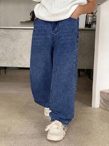 SHEIN Jeans de mezclilla con botones y bolsillos versátiles para niños y preadolescentes - Azul lavado oscuro - Ver 6