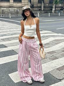 Coolane 女款夏季極簡波希米亞度假風休閒基本款日常穿搭亞麻舒適低腰寬鬆長褲 - 粉色 - 查看 5