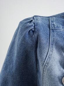 Elamini 女款時尚立領拿破崙鈕扣水洗牛仔夾克 - 中等水洗藍 - 查看 3