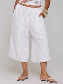 MUSERA Plus Size White Linen Wide Leg Culottes Spring Summer Casual Everyday Day Outfit Going Out - White - View 2
