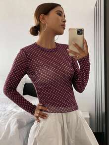 DAZY 女款圓領波點修身百搭日常穿著上衣 - 紫色 - 查看 7