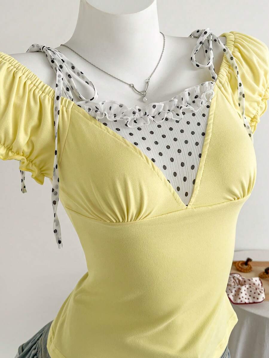 Mori Grove Mori Grove Women's Solid Color Polka Dot Yellow 2 In 1 Short Sleeve T-Shirt Vacation Summer Cute Romantic - Yellow - View 1