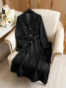 GlowEve Solid Color Lapel Collar Long Sleeve Front Button Fashionable Versatile Denim Maxi Skirt - Black - View 4