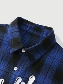 ROMWE MEN Paul Frank X ROMWE Men's Plaid Short Sleeve Single-Breasted Casual Loose Fit Shirt - Blue - View 5