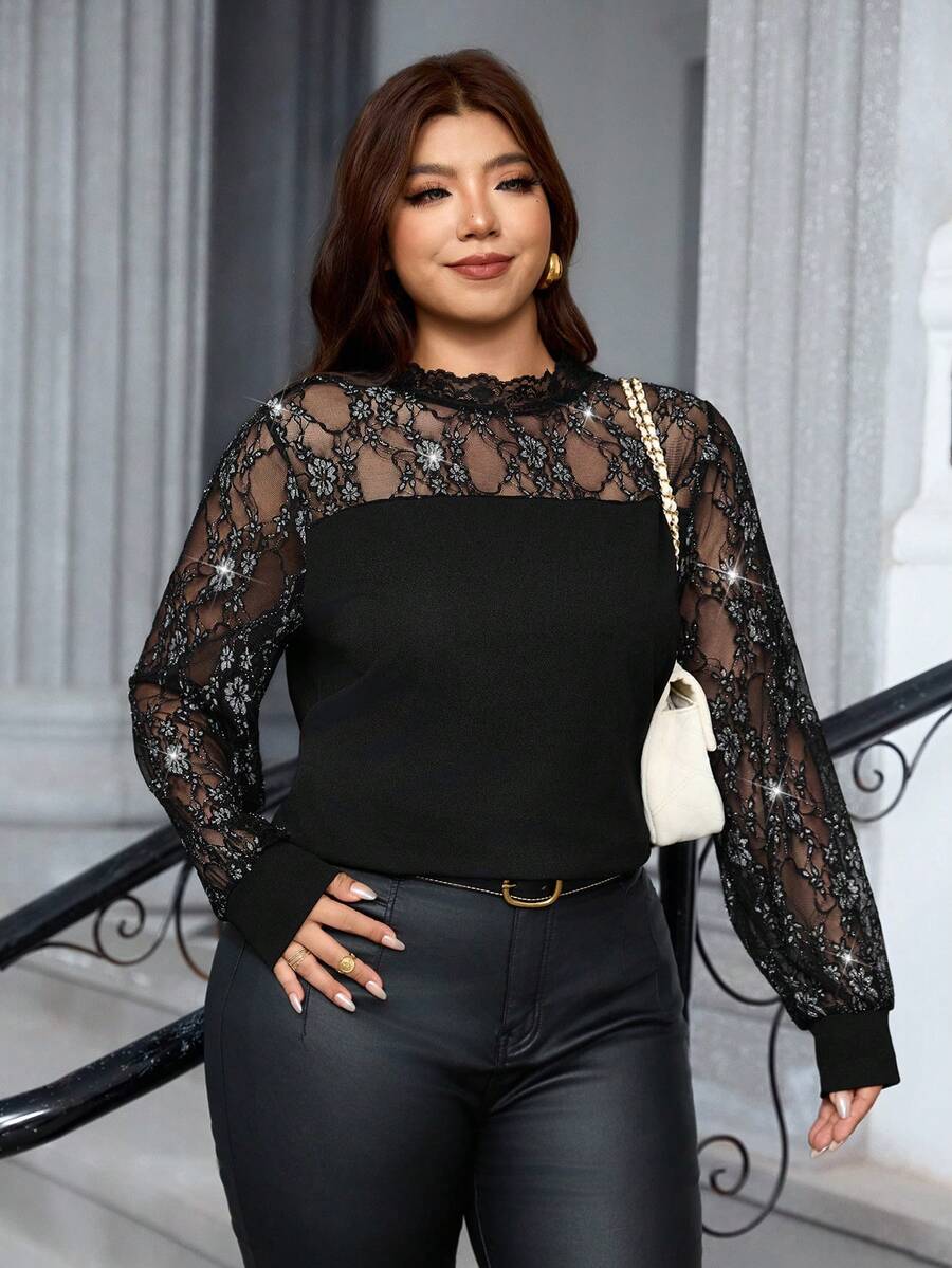 Reflora Plus Size Women's Mesh Patchwork Contrast Color Lace Long Sleeve Blouse, Halloween Costume Fall