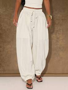 Normani Women's Off-White Balloon Pants, Summer Linen Casual Pants, Comfortable Elastic Waistband, Versatile Everyday Travel Trousers, Beige Style, Vacation - Beige - View 9